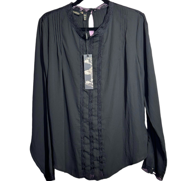 Kardashian kollection Long Sleeve Lace Insert Lace Blouse Chiffon Top Size XL - Picture 7 of 8